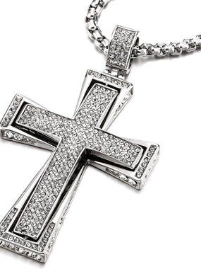 Women's Silver Extra Large Steel Cross Pendant Cubic Zirconia Necklace